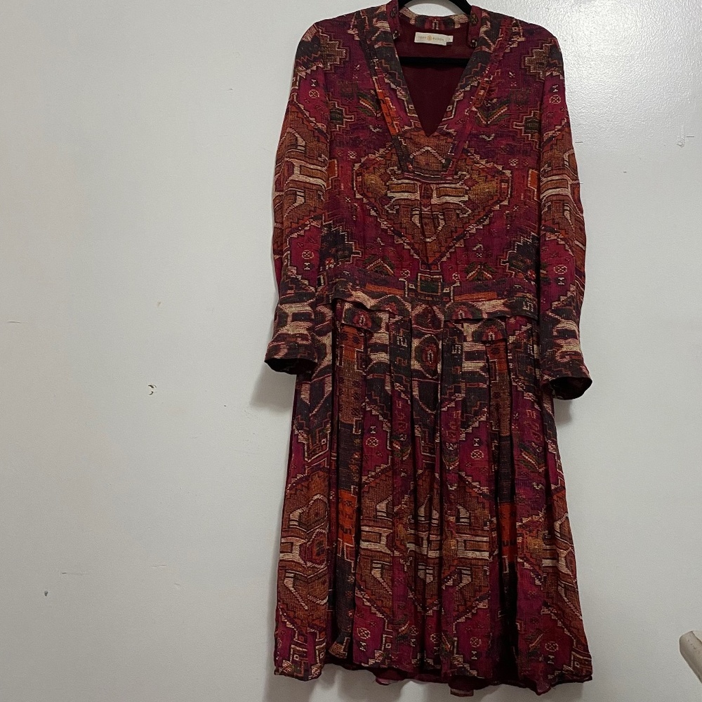 Tory Burch pleated aztec colorful midi dress Sz 2
